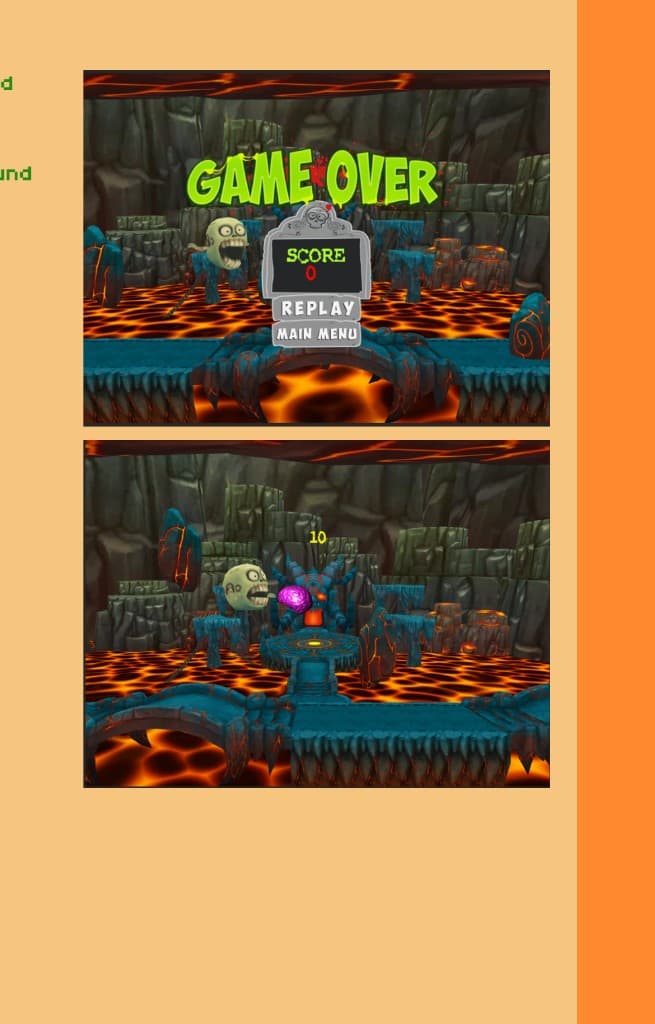Flappy Zombie — game over screen and gameplay with brains and lava