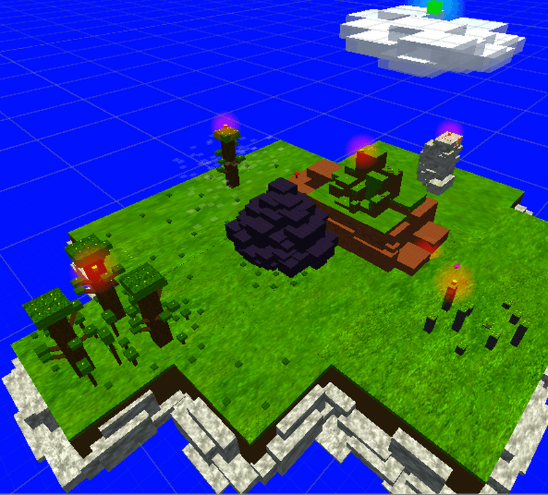 Way of the Mantis — floating island with trees and glowing orbs